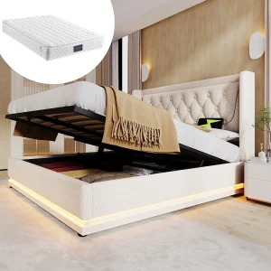 Gestoffeerd tweepersoonsbed met opbergruimte – 160 x 200 cm – Matras + Leds + Hoofdbord met USB – Katoenen stof – Beige