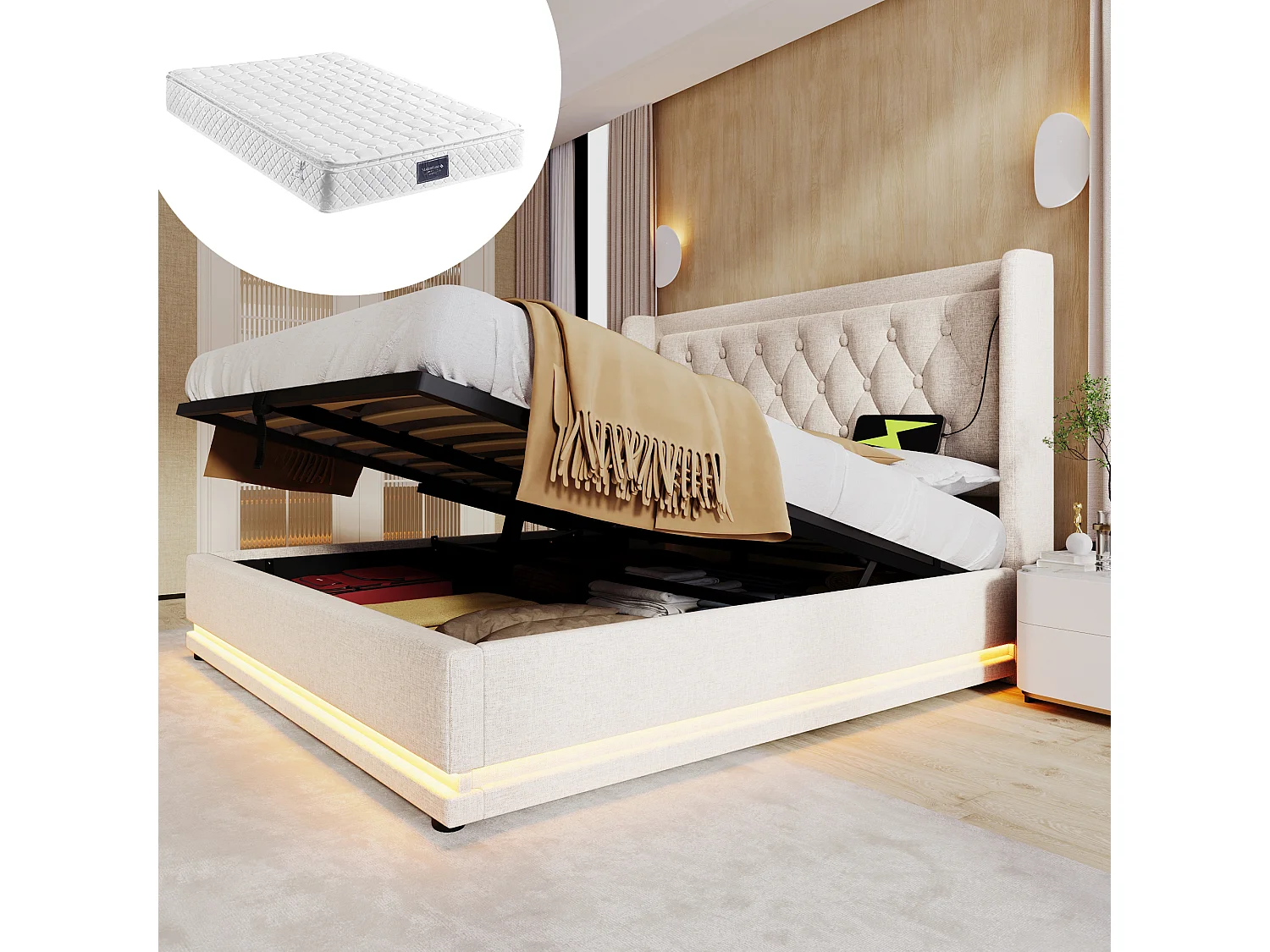 Gestoffeerd tweepersoonsbed met opbergruimte - 160 x 200 cm - Matras + Leds + Hoofdbord met USB - Katoenen stof - Beige