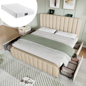 Gestoffeerd tweepersoonsbed met opbergruimte – 160 x 200 cm – Matras + 4 lades + Hoofdbord met USB – Linnen stof – Beige Gestoffeerd tweepersoonsbed met opbergruimte – 160 x 200 cm – Matras + 4 lades + Hoofdbord met USB – Linnen stof – Beige