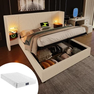 Gestoffeerd tweepersoonsbed met opbergruimte – 160 x 200 cm – Nachtkastje + Matras – Lamp en USB – Massief hout en corduroy – Beige + Wit Gestoffeerd tweepersoonsbed met opbergruimte – 160 x 200 cm – Nachtkastje + Matras – Lamp en USB – Massief hout en corduroy – Beige + Wit