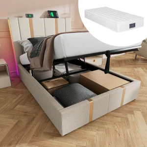 Gestoffeerd tweepersoonsbed met opbergruimte – 140 x 200 cm – Matras + Leds + Hoofdbord met USB – Linnen stof – Beige Gestoffeerd tweepersoonsbed met opbergruimte – 140 x 200 cm – Matras + Leds + Hoofdbord met USB – Linnen stof – Beige