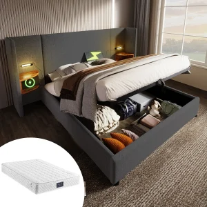 Gestoffeerd tweepersoonsbed met opbergruimte – 160 x 200 cm – Nachtkastje + Matras – Lamp en USB – Massief hout en linnen stof – Grijs Gestoffeerd tweepersoonsbed met opbergruimte – 160 x 200 cm – Nachtkastje + Matras – Lamp en USB – Massief hout en linnen stof – Grijs
