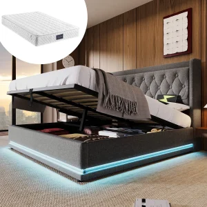 Gestoffeerd tweepersoonsbed met opbergruimte – 160 x 200 cm – Matras + Leds + Hoofdbord met USB – Katoenen stof – Grijs