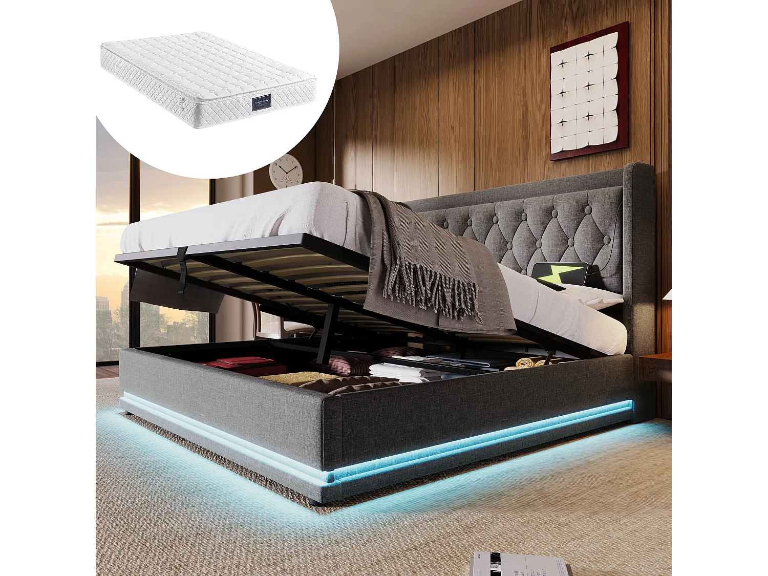 Gestoffeerd tweepersoonsbed met opbergruimte - 160 x 200 cm - Matras + Leds + Hoofdbord met USB - Katoenen stof - Grijs