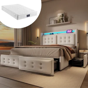Gestoffeerd tweepersoonsbed met opbergruimte – 140 x 200 cm – Matras + Leds + 4 lades + Hoofdbord met USB – Katoenen stof – Beige Gestoffeerd tweepersoonsbed met opbergruimte – 140 x 200 cm – Matras + Leds + 4 lades + Hoofdbord met USB – Katoenen stof – Beige