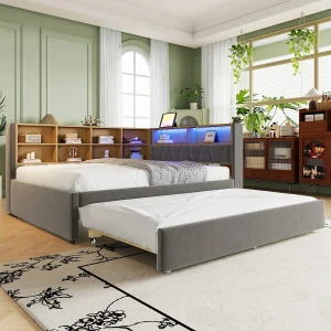 Gestoffeerde uitschuifbare slaapbank – 140 x 200 cm + 90 x 190 cm – LED's en stopcontacten – met opbergruimte – Flanellen stof – Lichtgrijs Gestoffeerde uitschuifbare slaapbank – 140 x 200 cm + 90 x 190 cm – LED's en stopcontacten – met opbergruimte – Flanellen stof – Lichtgrijs