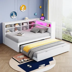 Gestoffeerde uitschuifbare slaapbank – 90 x 200 cm + 90 x 190 cm – LED's en stopcontacten – met opbergruimte – Flanellen stof – wit Gestoffeerde uitschuifbare slaapbank – 90 x 200 cm + 90 x 190 cm – LED's en stopcontacten – met opbergruimte – Flanellen stof – wit