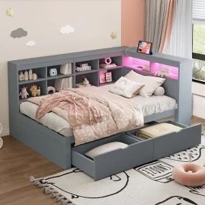 Gestoffeerde slaapbank – 90 x 200 cm – 2 lades – LED's en stopcontacten – met opbergruimte – Flanellen stof – grijs Gestoffeerde slaapbank – 90 x 200 cm – 2 lades – LED's en stopcontacten – met opbergruimte – Flanellen stof – grijs