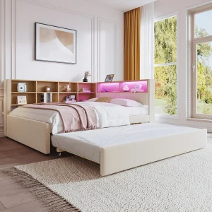 Gestoffeerde uitschuifbare slaapbank – 140 x 200 cm + 90 x 190 cm – LED's en stopcontacten – met opbergruimte – Flanellen stof – beige Gestoffeerde uitschuifbare slaapbank – 140 x 200 cm + 90 x 190 cm – LED's en stopcontacten – met opbergruimte – Flanellen stof – beige