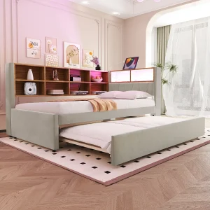 Gestoffeerde uitschuifbare slaapbank – 90 x 200 cm + 90 x 190 cm – LED's en stopcontacten – met opbergruimte – Flanellen stof – beige Gestoffeerde uitschuifbare slaapbank – 90 x 200 cm + 90 x 190 cm – LED's en stopcontacten – met opbergruimte – Flanellen stof – beige