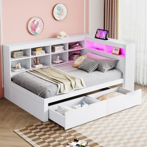 Gestoffeerde slaapbank – 90 x 200 cm – 2 lades – LED's en stopcontacten – met opbergruimte – Flanellen stof – wit Gestoffeerde slaapbank – 90 x 200 cm – 2 lades – LED's en stopcontacten – met opbergruimte – Flanellen stof – wit