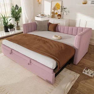 Gestoffeerd uitschuifbed – 90/180 x 190 cm – Slaapbank – fluweel + MDF – roze Gestoffeerd uitschuifbed – 90/180 x 190 cm – Slaapbank – fluweel + MDF – roze