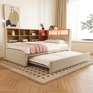 Gestoffeerde uitschuifbare slaapbank – 90 x 200 cm + 90 x 190 cm – LED's en stopcontacten – met opbergruimte – Flanellen stof – beige Gestoffeerde uitschuifbare slaapbank – 90 x 200 cm + 90 x 190 cm – LED's en stopcontacten – met opbergruimte – Flanellen stof – beige