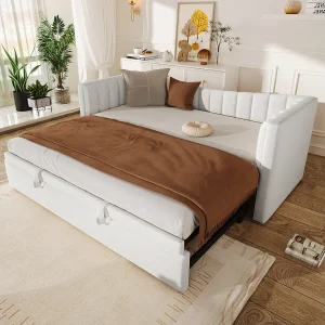 Gestoffeerd uitschuifbed – 90/180 x 190 cm – Slaapbank – fluweel + MDF – Wit Gestoffeerd uitschuifbed – 90/180 x 190 cm – Slaapbank – fluweel + MDF – Wit