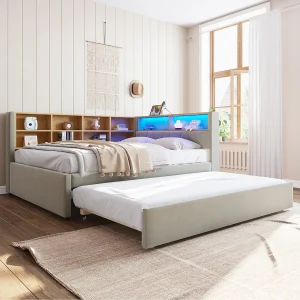 Gestoffeerde uitschuifbare slaapbank – 140 x 200 cm + 90 x 190 cm – LED's en stopcontacten – met opbergruimte – Flanellen stof – Lichtgrijs Gestoffeerde uitschuifbare slaapbank – 140 x 200 cm + 90 x 190 cm – LED's en stopcontacten – met opbergruimte – Flanellen stof – Lichtgrijs
