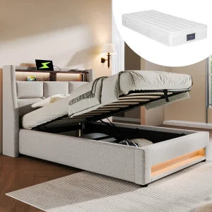 Gestoffeerd opbergbed voor jongeren – 90 x 200 cm – Matras + LED's + Hoofdbord met USB – Linnen stof – Beige Gestoffeerd opbergbed voor jongeren – 90 x 200 cm – Matras + LED's + Hoofdbord met USB – Linnen stof – Beige