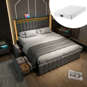 Gestoffeerd tweepersoonsbed met opbergruimte – 160 x 200 cm – Matras + LED's + 4 lades + Hoofdbord met USB – linnen stof – Grijs