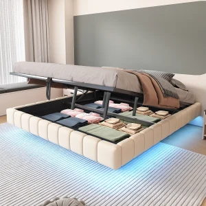 Gestoffeerd tweepersoonsbed met opbergruimte – 180 x 200 cm – zonder hoofdbord + LED's – Linnen stof – Beige Gestoffeerd tweepersoonsbed met opbergruimte – 180 x 200 cm – zonder hoofdbord + LED's – Linnen stof – Beige