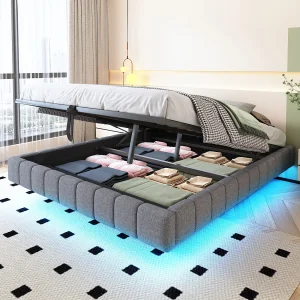 Gestoffeerd tweepersoonsbed met opbergruimte – 160 x 200 cm – zonder hoofdeinde + LED's – Linnen stof – Grijs Gestoffeerd tweepersoonsbed met opbergruimte – 160 x 200 cm – zonder hoofdeinde + LED's – Linnen stof – Grijs