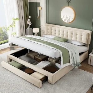 Gestoffeerd tweepersoonsbed met opbergruimte – 160 x 200 cm – met lade – fluwelen stof – beige Gestoffeerd tweepersoonsbed met opbergruimte – 160 x 200 cm – met lade – fluwelen stof – beige