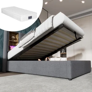 Gestoffeerd opbergbed – 90 x 200 cm – Matras + Hoofdbord met USB – Katoenen stof – Grijs Gestoffeerd opbergbed – 90 x 200 cm – Matras + Hoofdbord met USB – Katoenen stof – Grijs