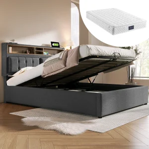 Gestoffeerd tweepersoonsbed met opbergruimte – 140 x 200 cm – Matras + Hoofdbord met USB – Linnen stof – Grijs Gestoffeerd tweepersoonsbed met opbergruimte – 140 x 200 cm – Matras + Hoofdbord met USB – Linnen stof – Grijs