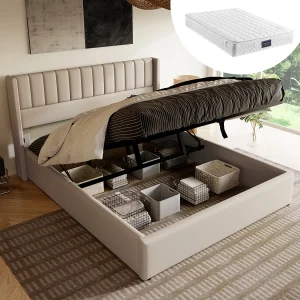 Gestoffeerd tweepersoonsbed met opbergruimte – 160 x 200 cm – Matras + Hoofdbord – massief hout + linnen + metaal – Beige Gestoffeerd tweepersoonsbed met opbergruimte – 160 x 200 cm – Matras + Hoofdbord – massief hout + linnen + metaal – Beige