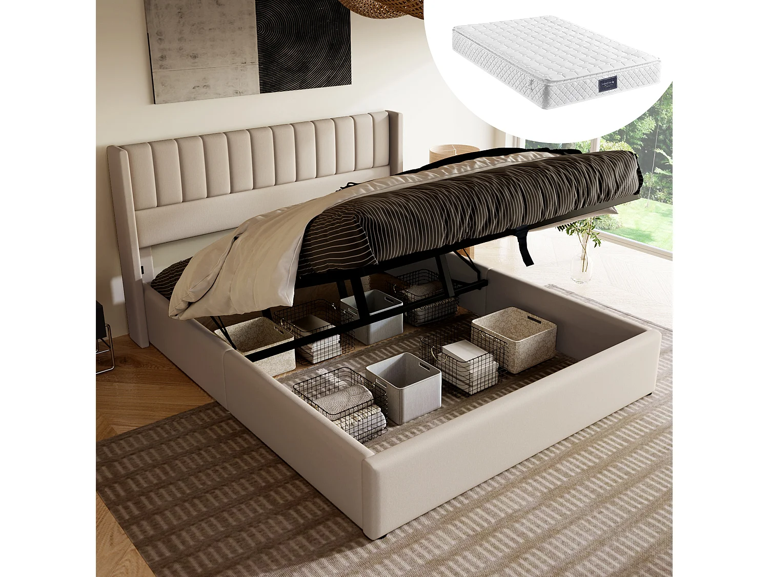 Gestoffeerd tweepersoonsbed met opbergruimte - 160 x 200 cm - Matras + Hoofdbord - massief hout + linnen + metaal - Beige