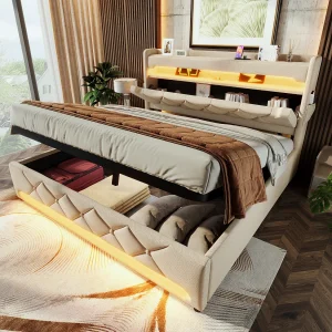 Gestoffeerd tweepersoonsbed met opbergruimte – 140 x 200 cm – 360° LED's + Hoofdbord met USB en Type C – linnen stof – beige Gestoffeerd tweepersoonsbed met opbergruimte – 140 x 200 cm – 360° LED's + Hoofdbord met USB en Type C – linnen stof – beige