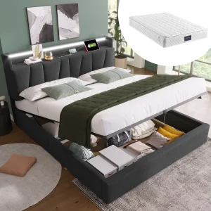 Gestoffeerd tweepersoonsbed met opbergruimte – 140 x 200 cm – Matras – LED's + Hoofdbord met USB – Linnen stof – Grijs Gestoffeerd tweepersoonsbed met opbergruimte – 140 x 200 cm – Matras – LED's + Hoofdbord met USB – Linnen stof – Grijs
