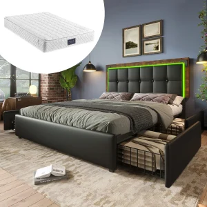 Gestoffeerd tweepersoonsbed met opbergruimte – 160 x 200 cm – Matras + LED's + 4 lades + Verstelbaar hoofdeinde – PU-leer – Zwart