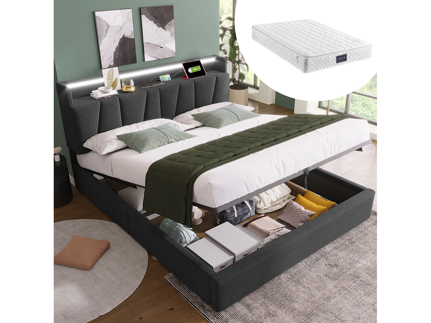 Gestoffeerd tweepersoonsbed met opbergruimte - 160 x 200 cm - Matras - LED's + Hoofdbord met USB - Linnen stof - Grijs