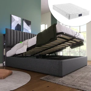 Gestoffeerd tweepersoonsbed met opbergruimte – 140 x 200 cm – Matras + LED's + Verstelbaar hoofdeinde met USB – linnen + metaal + multiplex + MDF – Grijs Gestoffeerd tweepersoonsbed met opbergruimte – 140 x 200 cm – Matras + LED's + Verstelbaar hoofdeinde met USB – linnen + metaal + multiplex + MDF – Grijs