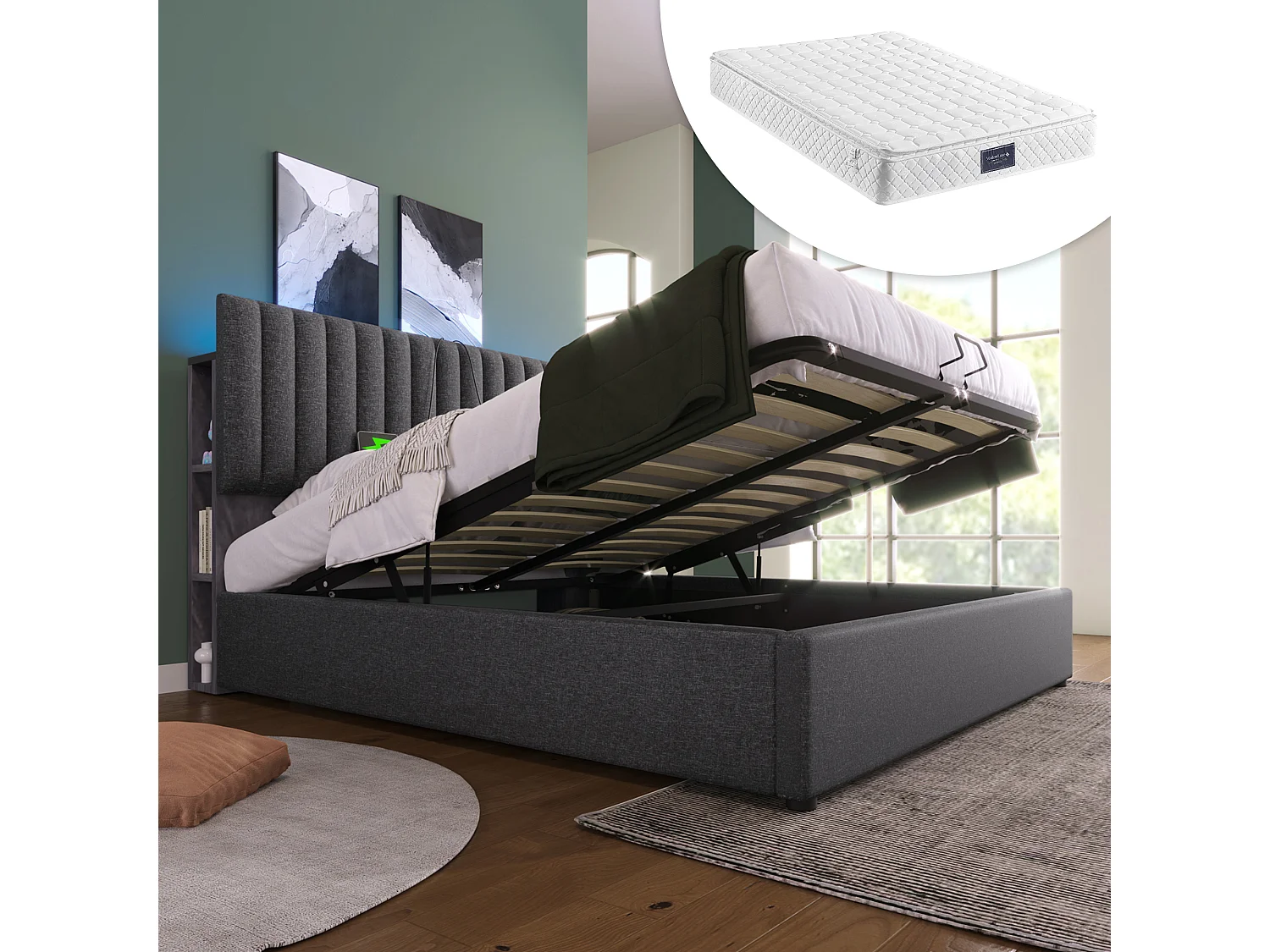 Gestoffeerd tweepersoonsbed met opbergruimte - 140 x 200 cm - Matras + LED's + Verstelbaar hoofdeinde met USB - linnen + metaal + multiplex + MDF - Grijs
