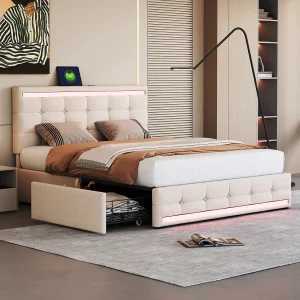Gestoffeerd tweepersoonsbed met opbergruimte – 140 x 200 cm – LED's + 4 lades + Hoofdbord met USB – Linnen stof – Beige Gestoffeerd tweepersoonsbed met opbergruimte – 140 x 200 cm – LED's + 4 lades + Hoofdbord met USB – Linnen stof – Beige