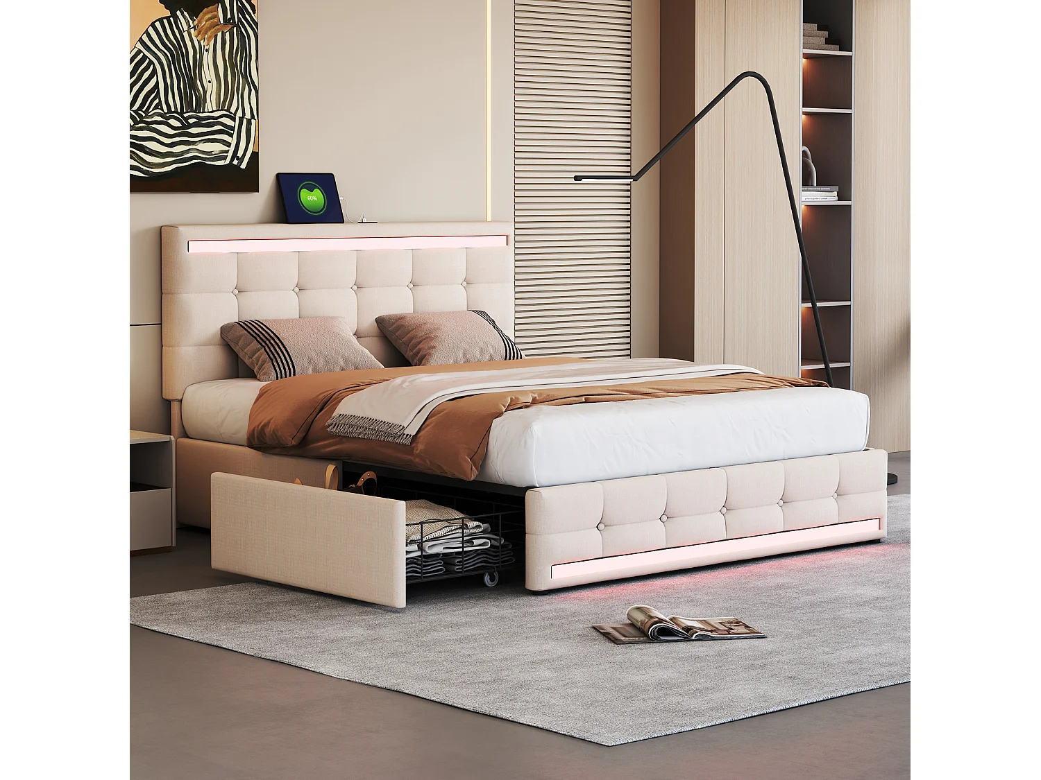 Gestoffeerd tweepersoonsbed met opbergruimte - 140 x 200 cm - LED's + 4 lades + Hoofdbord met USB - Linnen stof - Beige