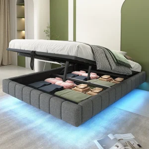 Gestoffeerd tweepersoonsbed met opbergruimte – 140 x 200 cm – zonder hoofdeinde + LED's – Linnen stof – Grijs