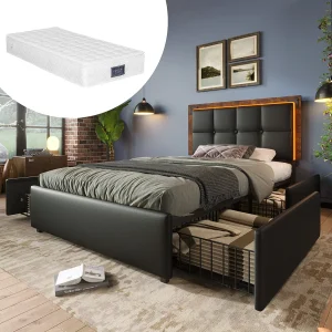 Gestoffeerd opbergbed – 90 x 200 cm – Matras + LED's + 4 lades + Verstelbaar hoofdeinde – PU-leer – Zwart Gestoffeerd opbergbed – 90 x 200 cm – Matras + LED's + 4 lades + Verstelbaar hoofdeinde – PU-leer – Zwart