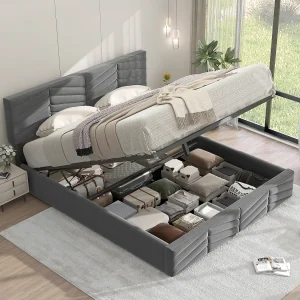 Gestoffeerd opbergbed voor jongeren – 140 x 190 cm – verstelbaar hoofdeinde – fluwelen stof – grijs Gestoffeerd opbergbed voor jongeren – 140 x 190 cm – verstelbaar hoofdeinde – fluwelen stof – grijs