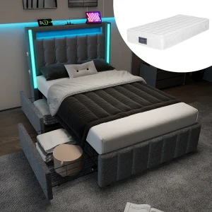 Gestoffeerd opbergbed voor jongeren – 90 x 200 cm – Matras + LED's + 2 lades + Hoofdbord met USB – Linnen stof – Grijs Gestoffeerd opbergbed voor jongeren – 90 x 200 cm – Matras + LED's + 2 lades + Hoofdbord met USB – Linnen stof – Grijs
