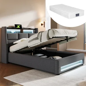 Gestoffeerd opbergbed voor jongeren – 90 x 200 cm – Matras + LED's + Hoofdbord met USB – Linnen stof – grijs Gestoffeerd opbergbed voor jongeren – 90 x 200 cm – Matras + LED's + Hoofdbord met USB – Linnen stof – grijs