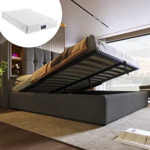 Gestoffeerd tweepersoonsbed met opbergruimte – 140 x 200 cm – Matras + Hoofdbord met USB – Katoenen stof – Grijs Gestoffeerd tweepersoonsbed met opbergruimte – 140 x 200 cm – Matras + Hoofdbord met USB – Katoenen stof – Grijs