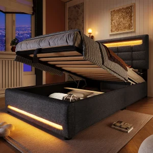 Gestoffeerd opbergbed – 90 x 200 cm – APP-afstandsbediening + LED's + USB-poort – linnen stof – grijs Gestoffeerd opbergbed – 90 x 200 cm – APP-afstandsbediening + LED's + USB-poort – linnen stof – grijs