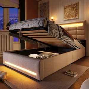 Gestoffeerd opbergbed – 90 x 200 cm – APP-afstandsbediening + LED's + USB-poort – linnen stof – beige Gestoffeerd opbergbed – 90 x 200 cm – APP-afstandsbediening + LED's + USB-poort – linnen stof – beige