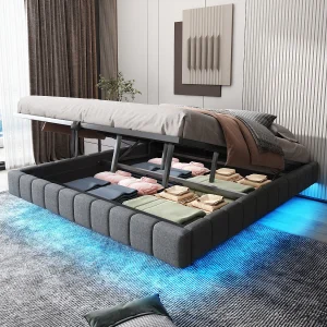 Gestoffeerd tweepersoonsbed met opbergruimte – 180 x 200 cm – zonder hoofdeinde + LED's – Linnen stof – Grijs Gestoffeerd tweepersoonsbed met opbergruimte – 180 x 200 cm – zonder hoofdeinde + LED's – Linnen stof – Grijs