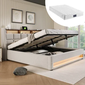 Gestoffeerd opbergbed voor jongeren – 160 x 200 cm – Matras + LED's + Hoofdbord met USB – Linnen stof – Beige Gestoffeerd opbergbed voor jongeren – 160 x 200 cm – Matras + LED's + Hoofdbord met USB – Linnen stof – Beige