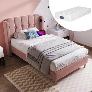 Gestoffeerd eenpersoonsbed voor jongeren – 90 x 200 cm – Matras + Hoofdbord met USB – Linnen stof – roze Gestoffeerd eenpersoonsbed voor jongeren – 90 x 200 cm – Matras + Hoofdbord met USB – Linnen stof – roze