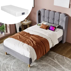 Gestoffeerd eenpersoonsbed voor jongeren – 90 x 200 cm – Matras + hoofdbord met USB – Linnen stof – Grijs Gestoffeerd eenpersoonsbed voor jongeren – 90 x 200 cm – Matras + hoofdbord met USB – Linnen stof – Grijs
