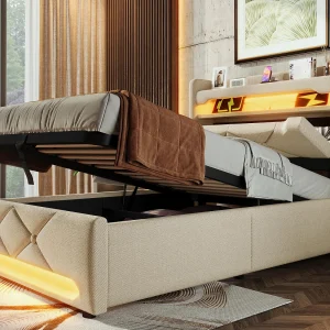 Gestoffeerd opbergbed 90×200 cm – met LED en USB-oplaadpoorten – Linnenstof – Hoofdeinde met opbergruimte – Beige Gestoffeerd opbergbed 90×200 cm – met LED en USB-oplaadpoorten – Linnenstof – Hoofdeinde met opbergruimte – Beige