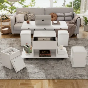 Opklapbare salontafel met 4 krukken en 2 tafeltjes – 100 x 50 x 48 cm – Spaanplaat – Wit Opklapbare salontafel met 4 krukken en 2 tafeltjes – 100 x 50 x 48 cm – Spaanplaat – Wit